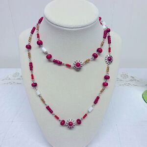 Ralph Lauren Chaps Necklace Floral & Coral Extra Long 30” Vintage Gorgeous